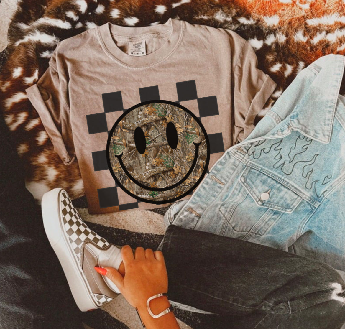 Camo Smiley Comfort Color or Crew
