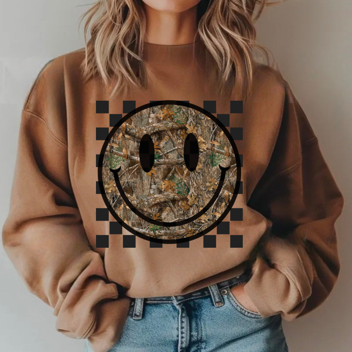 Camo Smiley Comfort Color or Crew