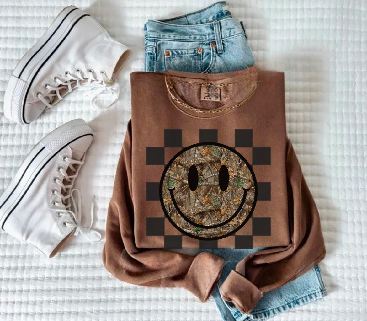 Camo Smiley Comfort Color or Crew